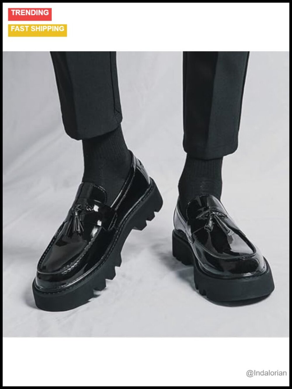 Men's Patent Leather Platform Slip-On Loafers with Tassels, Non-Slip Lug Sole, - Picture 6 of 6